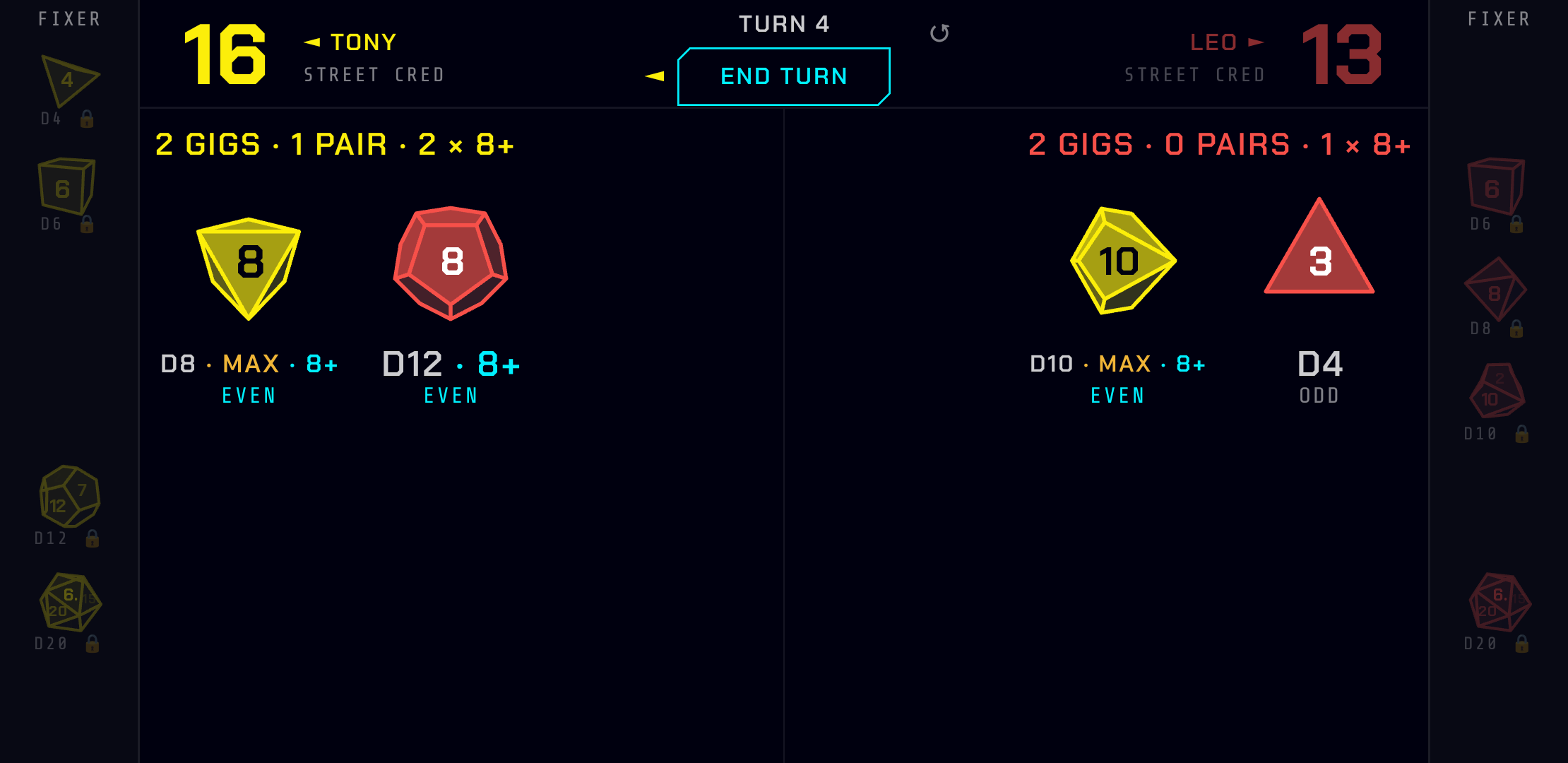 2-player game: Fixer areas on the sides, Gigs in the middle with their tags (max, min, 8+, even or odd), turn and Street Cred at the top.