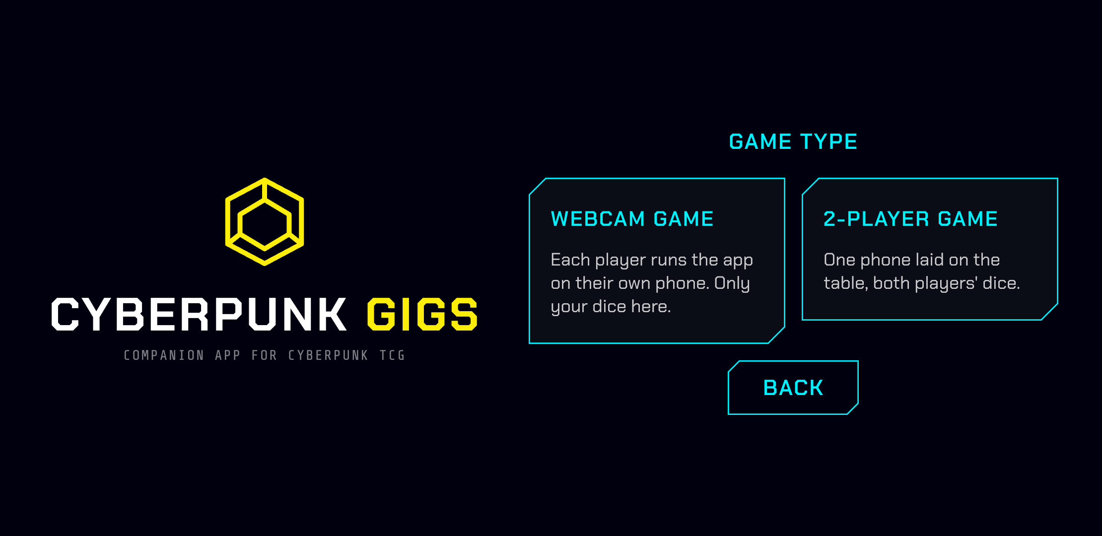 Start a game: webcam game (each player on their own phone) or 2-player game (one phone on the table). Language lives in Settings.