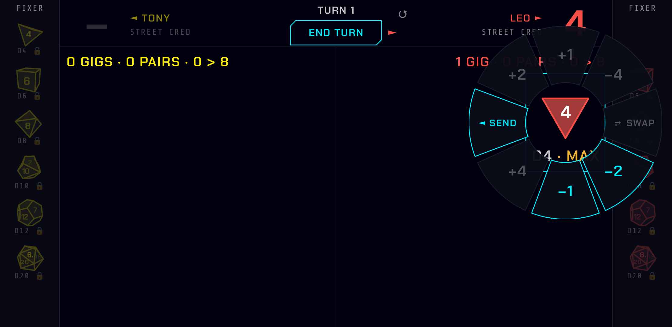 Tap a Gig for the radial menu: adjust by 1, 2 or 4, swap with a rival Gig, or move it across.